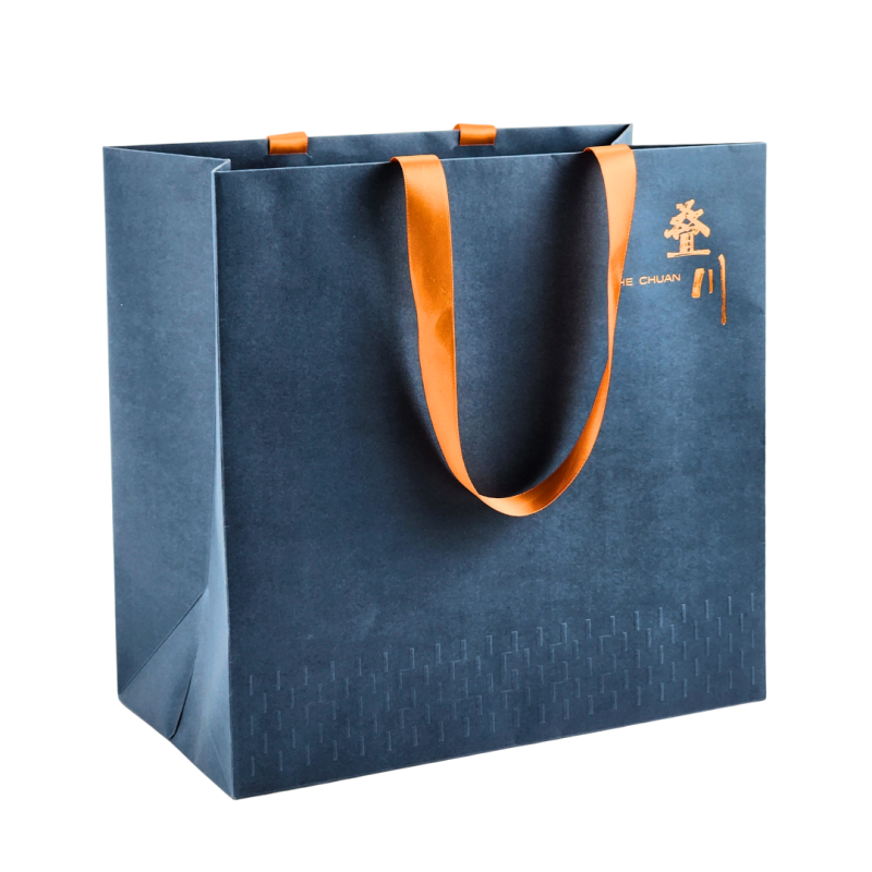 Custom Gold Foiled Logo Embossed Art Paper Navy Gift Bag